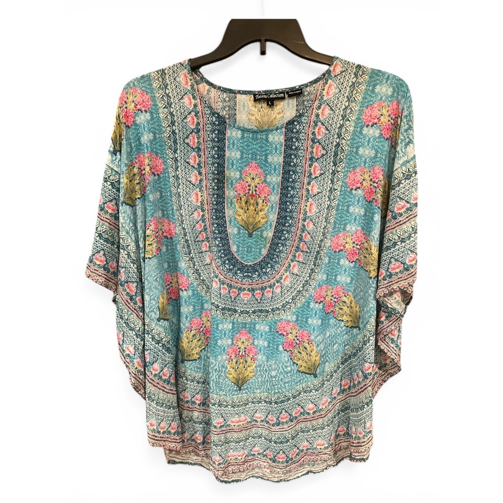 Tolani Modal Kaftan Tunic Poncho Top L Blue Floral Boho Chic Resort